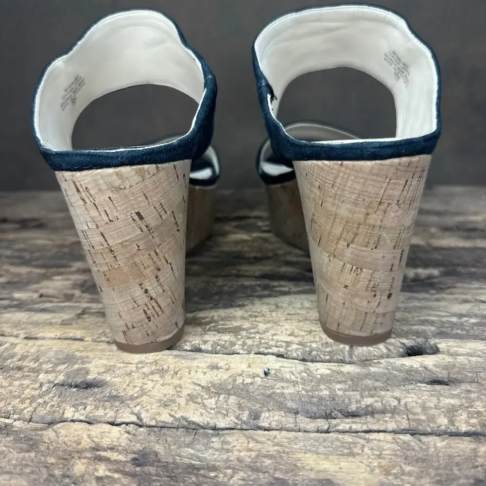 Marc Fisher Shelbee Navy Suede Cork Wedge Sandals Women’s 8.5M Leather Upper